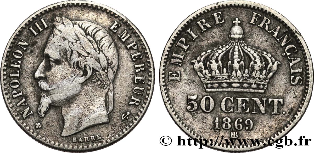 50 centimes Napoléon III, tête laurée 1869 Strasbourg F.188/23 VF35 