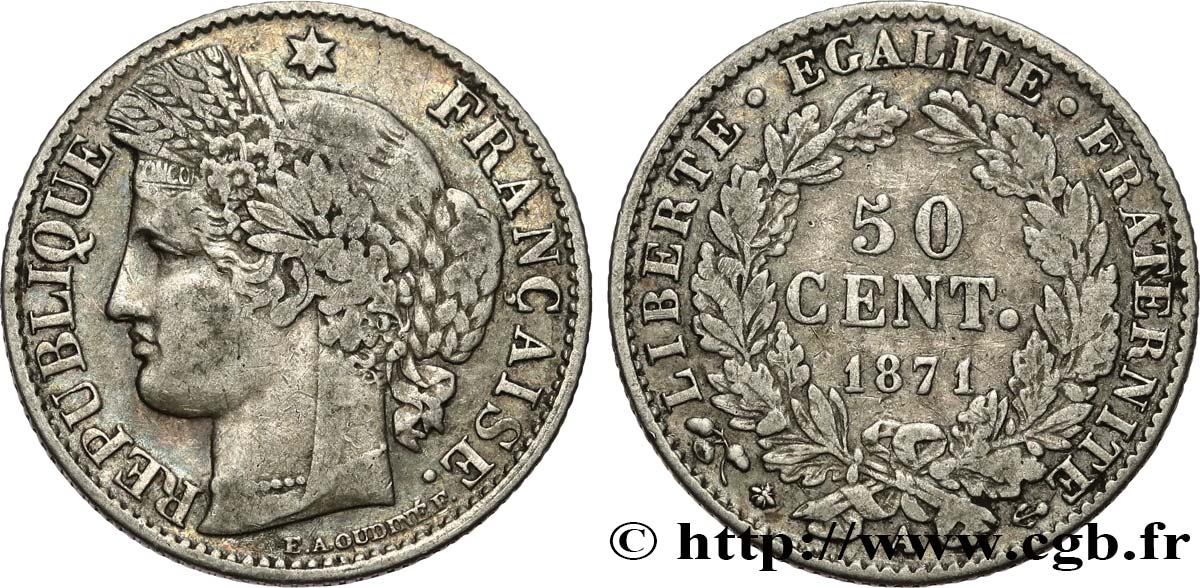 50 centimes Cérès, IIIe République 1871 Paris F.189/1 TB35 