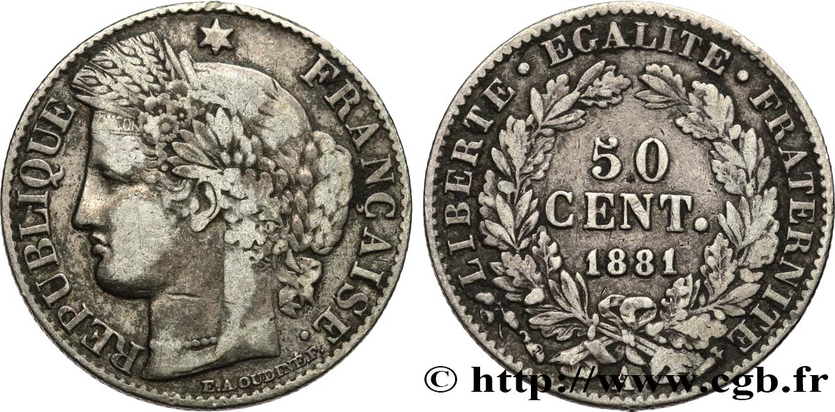 50 centimes Cérès, Troisième République 1881 Paris F.189/9 TB 