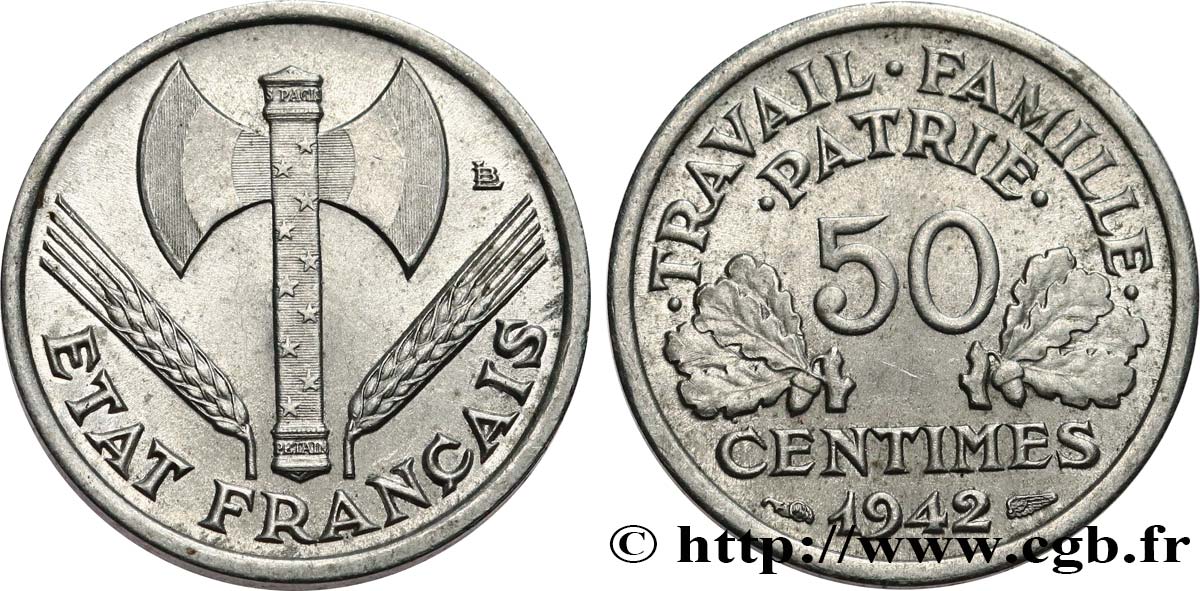 50 centimes Francisque, lourde 1942  F.195/3 SUP58 