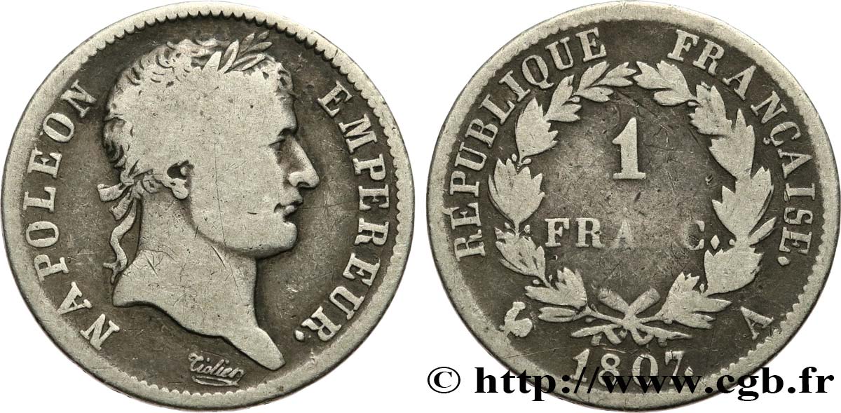 1 franc Napoléon Ier tête laurée, République française 1807 Paris F.204/1 SGE10 