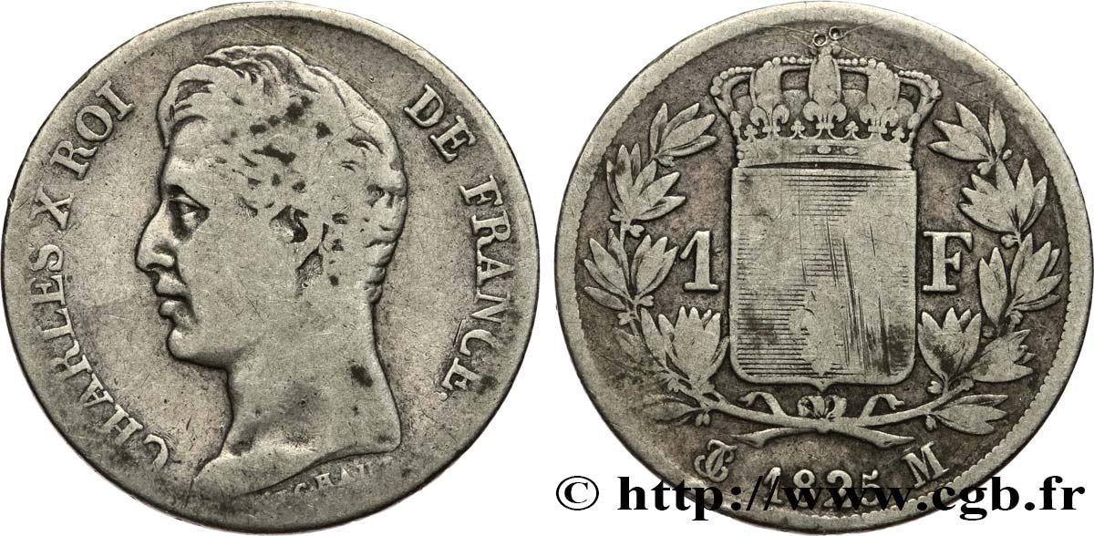 1 franc Charles X, matrice du revers à cinq feuilles 1825 Toulouse F.207/9 VF 