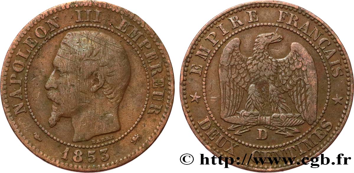 Deux centimes Napoléon III, tête nue 1853 Lyon F.107/4 TB15 