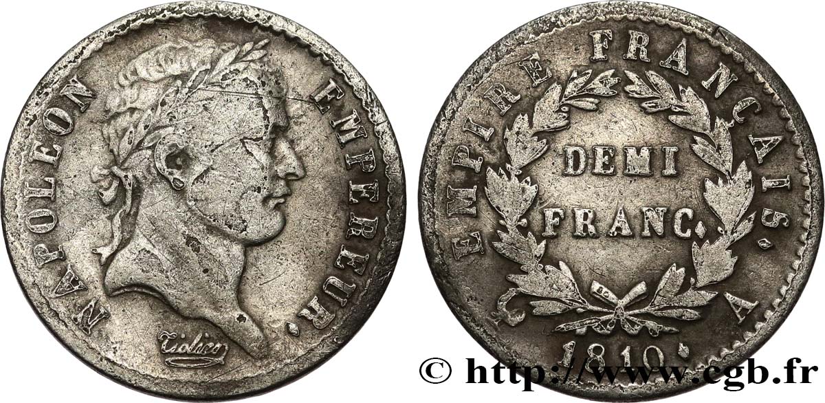 Demi-franc Napoléon Ier tête laurée, Empire français 1810 Paris F.178/10 B 