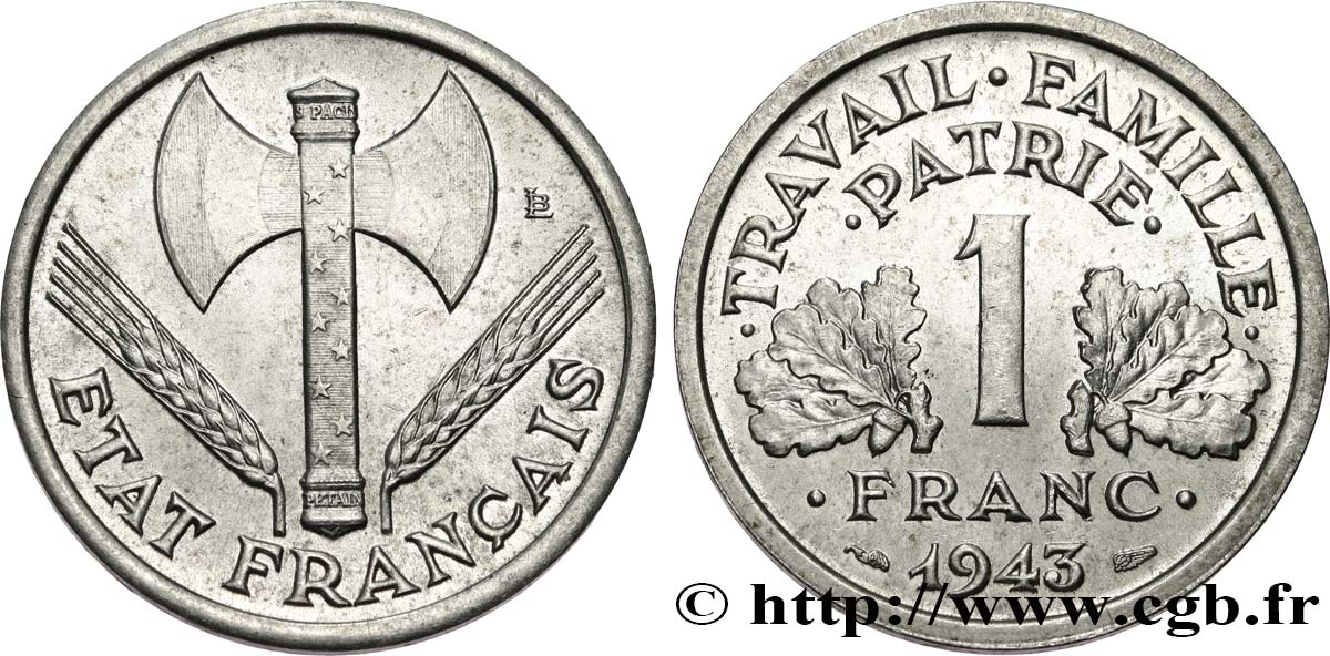 1 franc Francisque, légère 1943  F.223/3 SUP58 