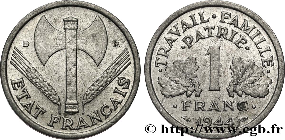 1 franc Francisque, légère 1944 Beaumont-Le-Roger F.223/6 MBC45 