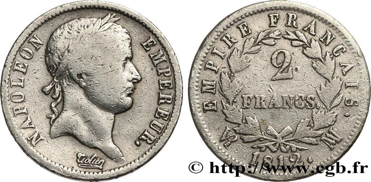 2 francs Napoléon Ier tête laurée, Empire français 1812 Marseille F.255/47 B+ 