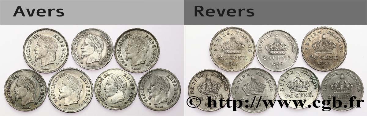 Lot de 7 pièces de 20 centimes Napoléon III, tête laurée n.d. s.l. F.149/1 TTB 