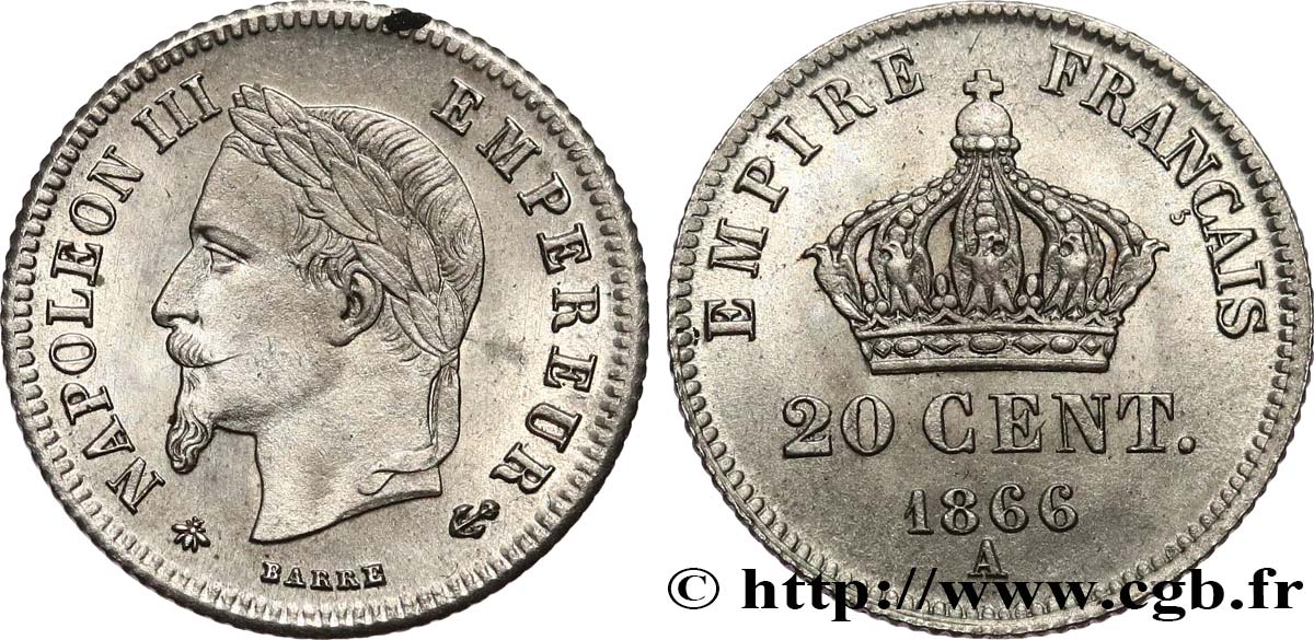 20 centimes Napoléon III, tête laurée, petit module 1866 Paris F.149/4 AU55 