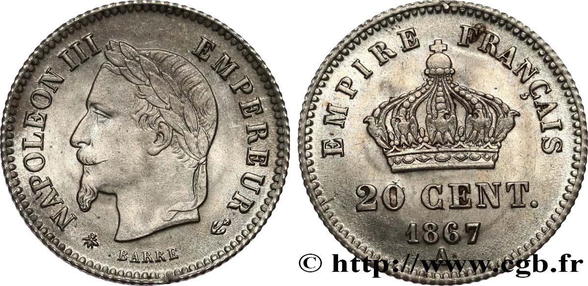 20 centimes Napoléon III, tête laurée, grand module 1867 Paris F.150/1 EBC55 