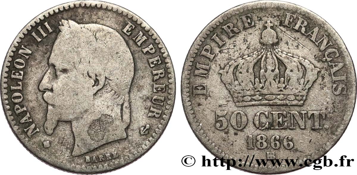 50 centimes Napoléon III, tête laurée 1866 Strasbourg F.188/10 B12 