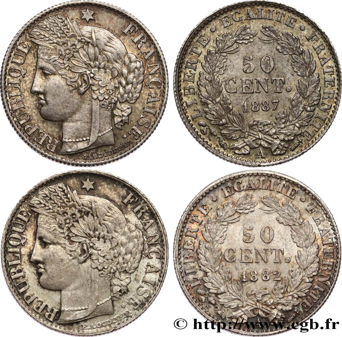 Lot de 2 pièces de 50 centimes Cérès, IIIe République n.d. n.l. F.189/- VF/AU 