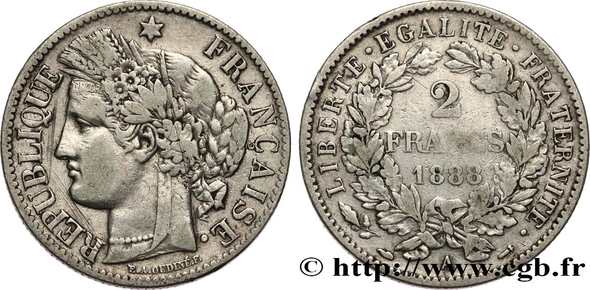 2 francs Cérès, avec légende 1888 Paris F.265/14 BC+ 