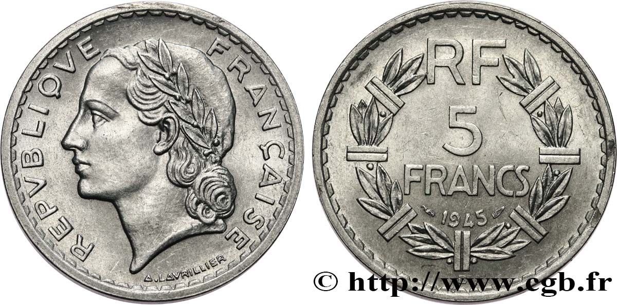 5 francs Lavrillier, aluminium 1945 Beaumont-Le-Roger F.339/4 SUP58 
