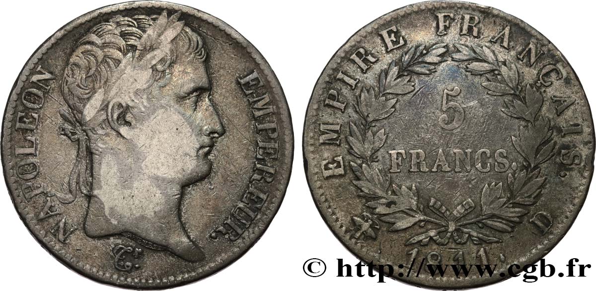 5 francs Napoléon Empereur, Empire français 1811 Lyon F.307/30 MB 