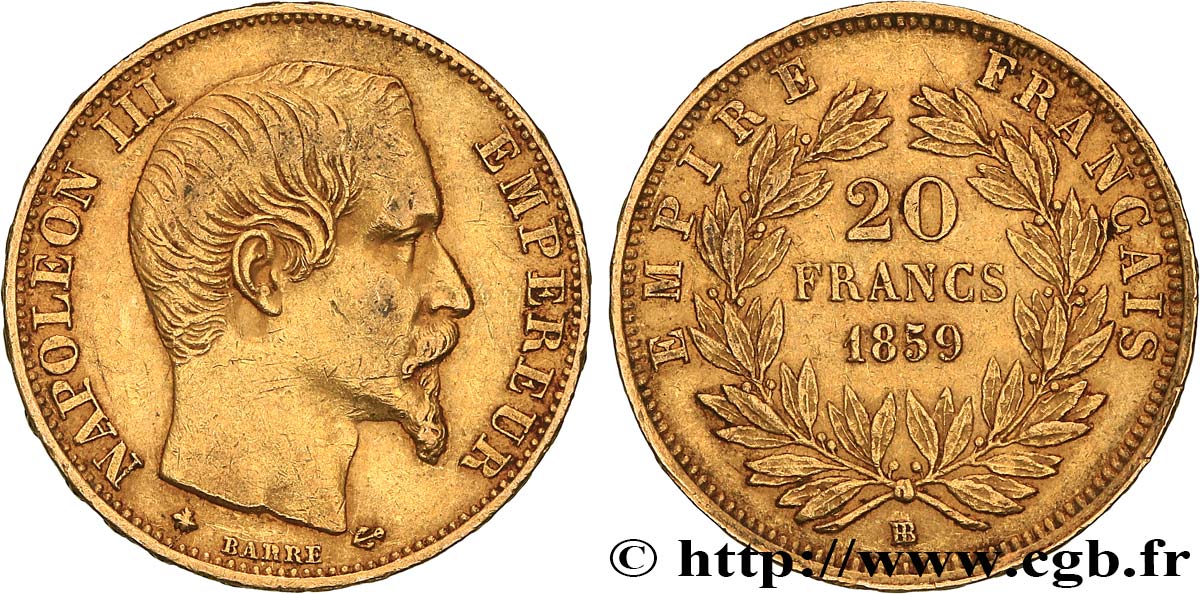 20 francs or Napoléon III, tête nue 1859 Strasbourg F.531/16 fVZ 