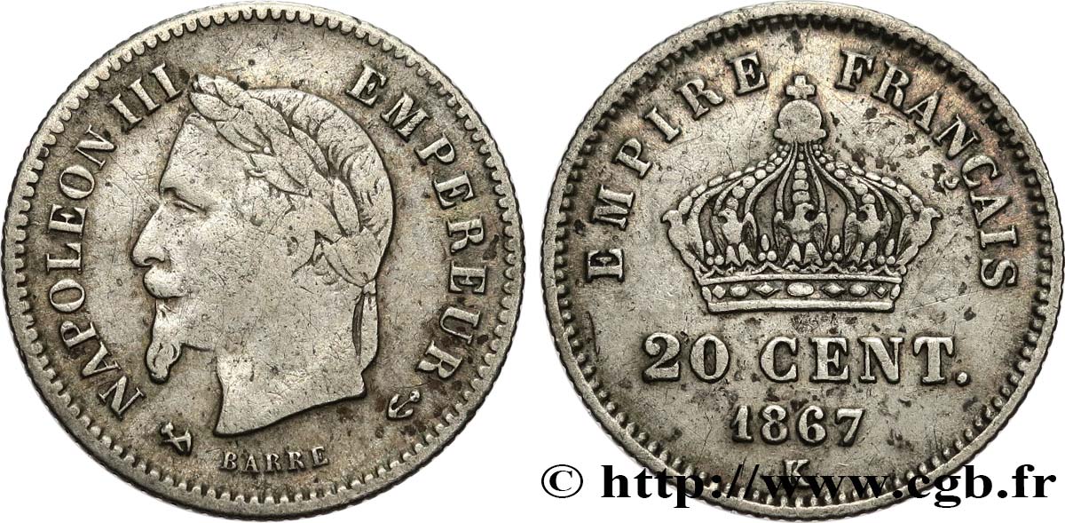 20 centimes Napoléon III, tête laurée, grand module 1867 Bordeaux F.150/3 TB15 