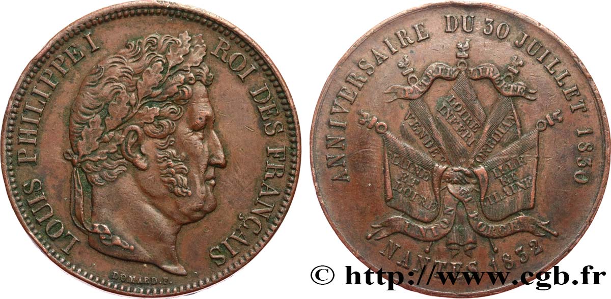 Module de 5 francs en cuivre commémorant l’anniversaire du 30 juillet 1830 1832 Nantes F.324/- var. MBC+ 