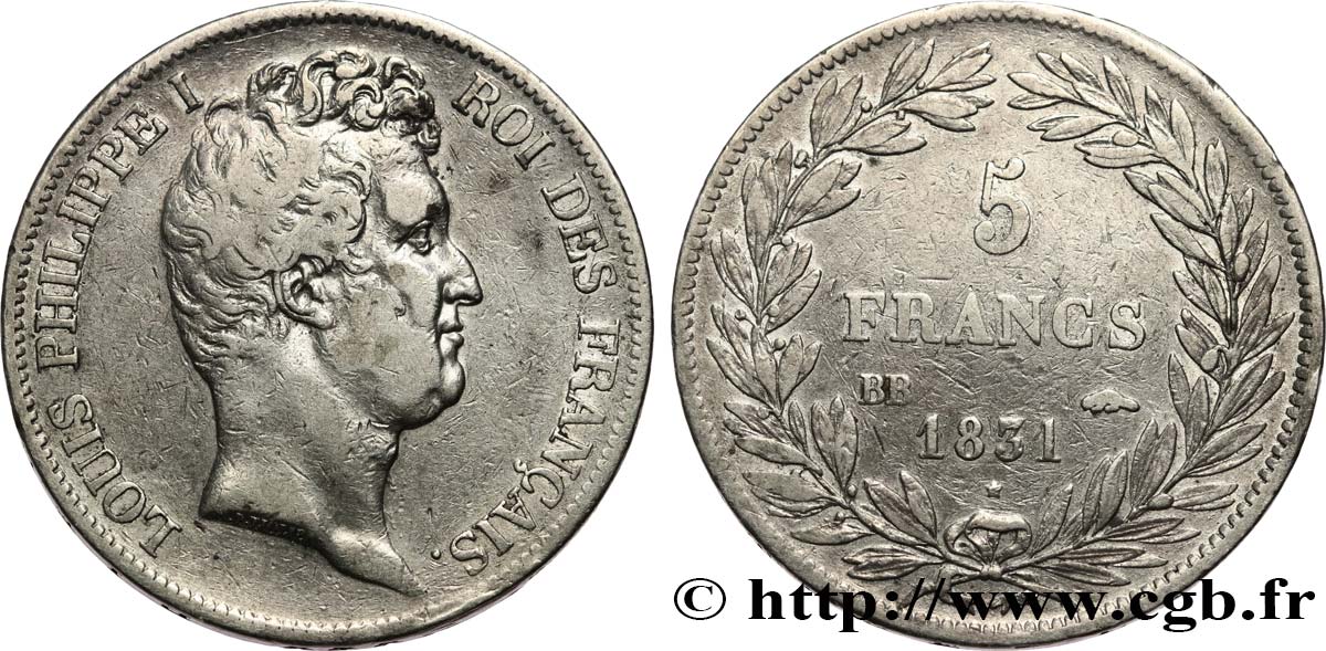 5 francs type Tiolier avec le I, tranche en creux 1831 Strasbourg F.315/16 VF 