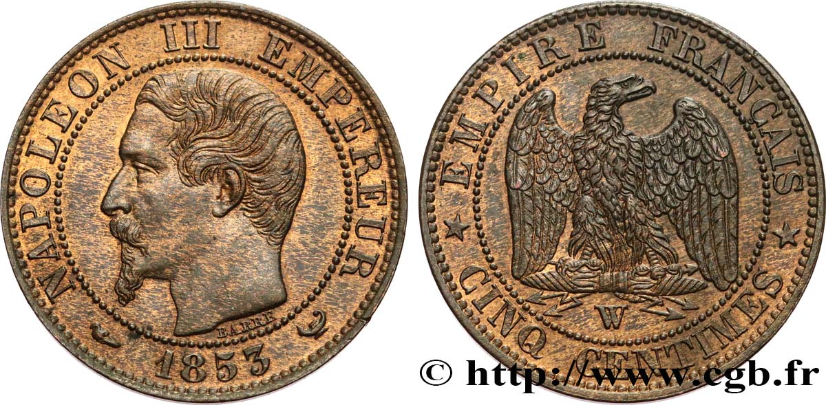 Cinq centimes Napoléon III, tête nue 1853 Lille F.116/7 MS63 