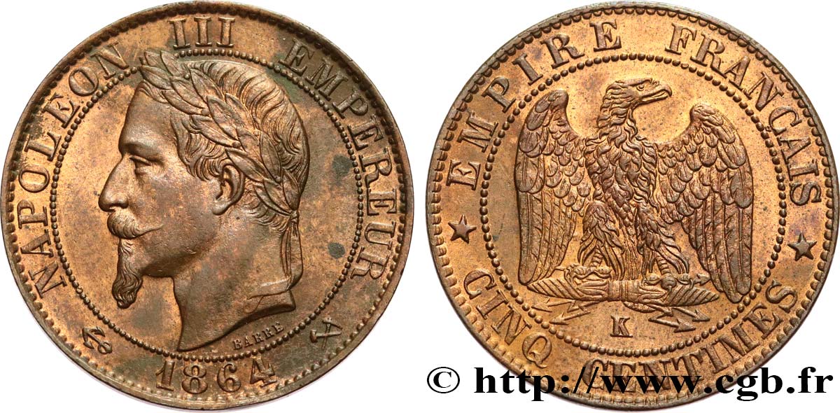 Cinq centimes Napoléon III, tête laurée 1864 Bordeaux F.117/15 SUP+ 