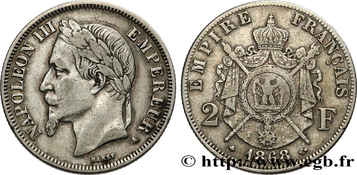 2 francs Napoléon III, tête laurée 1868 Paris F.263/8 TB+ 