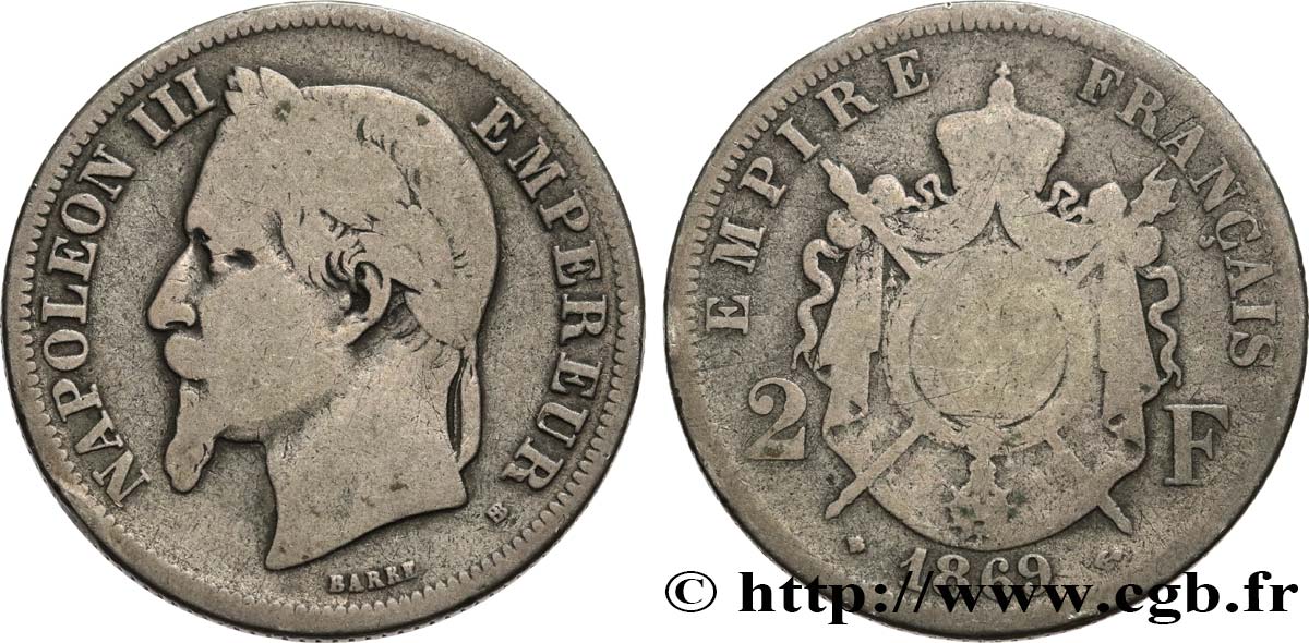 2 francs Napoléon III, tête laurée 1869 Strasbourg F.263/11 VG10 