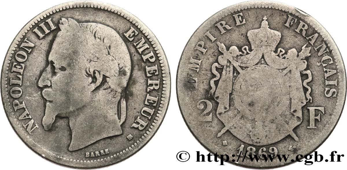 2 francs Napoléon III, tête laurée 1869 Strasbourg F.263/11 B10 