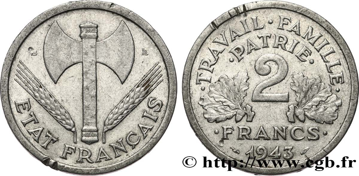 2 francs Francisque 1943 Beaumont-Le-Roger F.270/3 BC+ 
