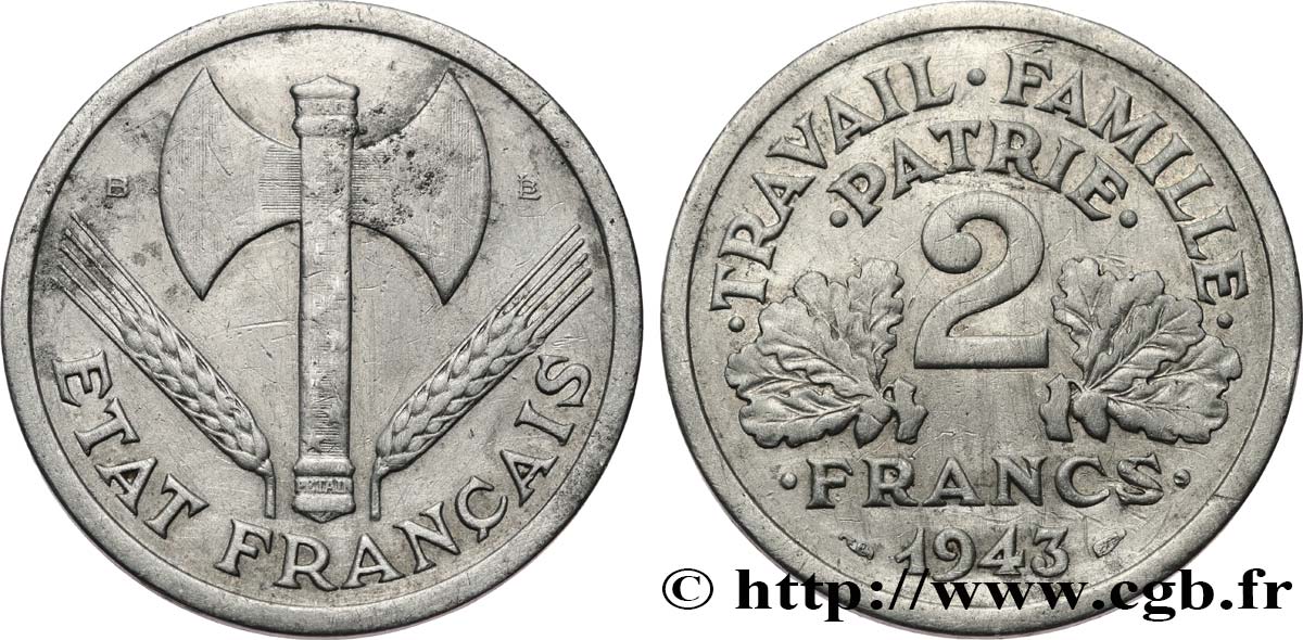2 francs Francisque 1943 Beaumont-Le-Roger F.270/3 VF 