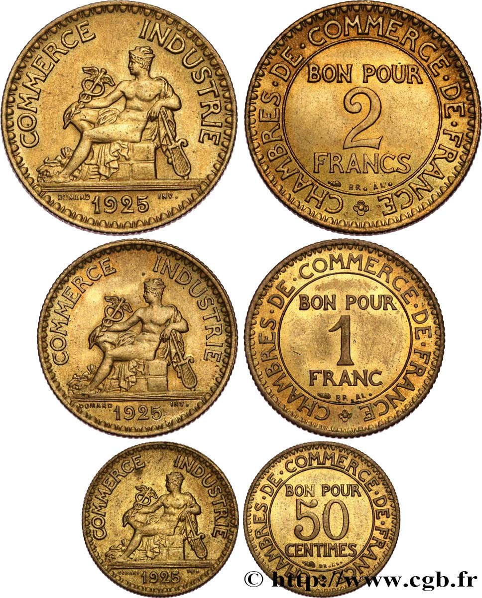 Lot 50 centimes, 1 franc et 2 francs Chambres de Commerce 1925 Paris F.191/7 SUP 