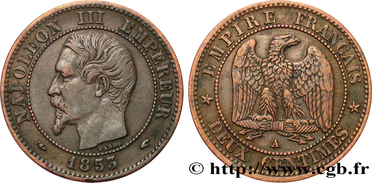 Deux centimes Napoléon III, tête nue 1853 Paris F.107/1 S35 