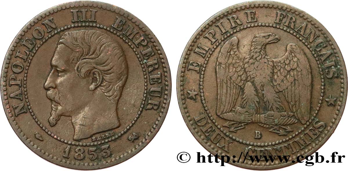 Deux centimes Napoléon III, tête nue 1853 Rouen F.107/2 BC25 