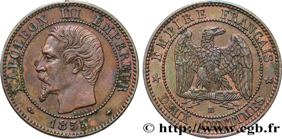 Deux centimes Napoléon III, tête nue 1853 Strasbourg F.107/3 AU 