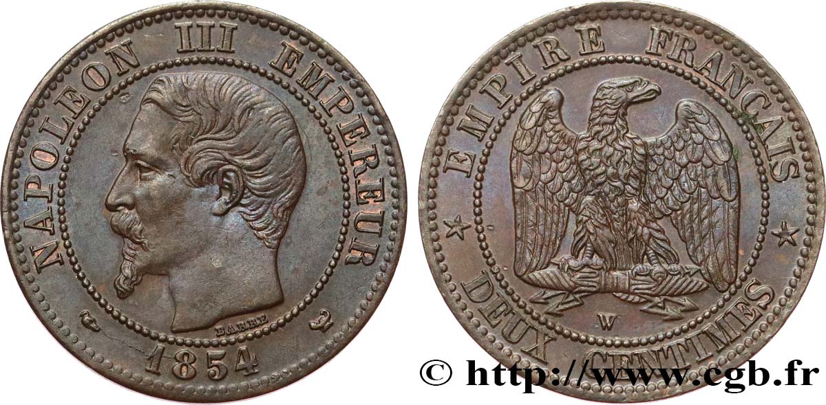 Deux centimes Napoléon III, tête nue 1854 Lille F.107/18 fVZ 