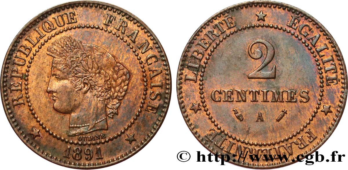 2 centimes Cérès 1891 Paris F.109/17 AU50 