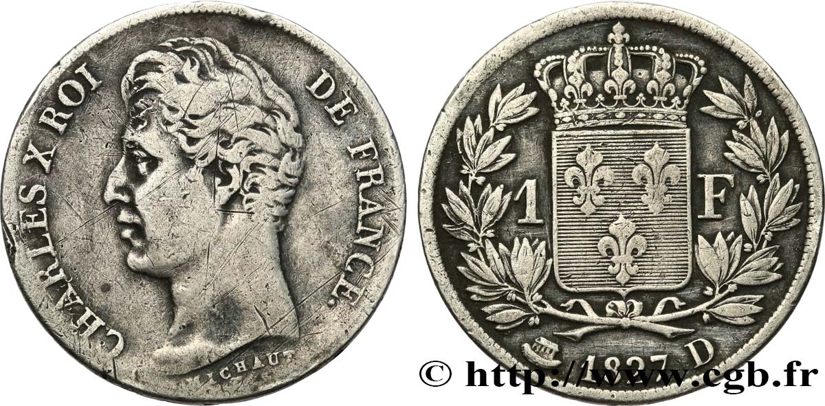 1 franc Charles X, matrice du revers à cinq feuilles 1827 Lyon F.207/28 TB+ 