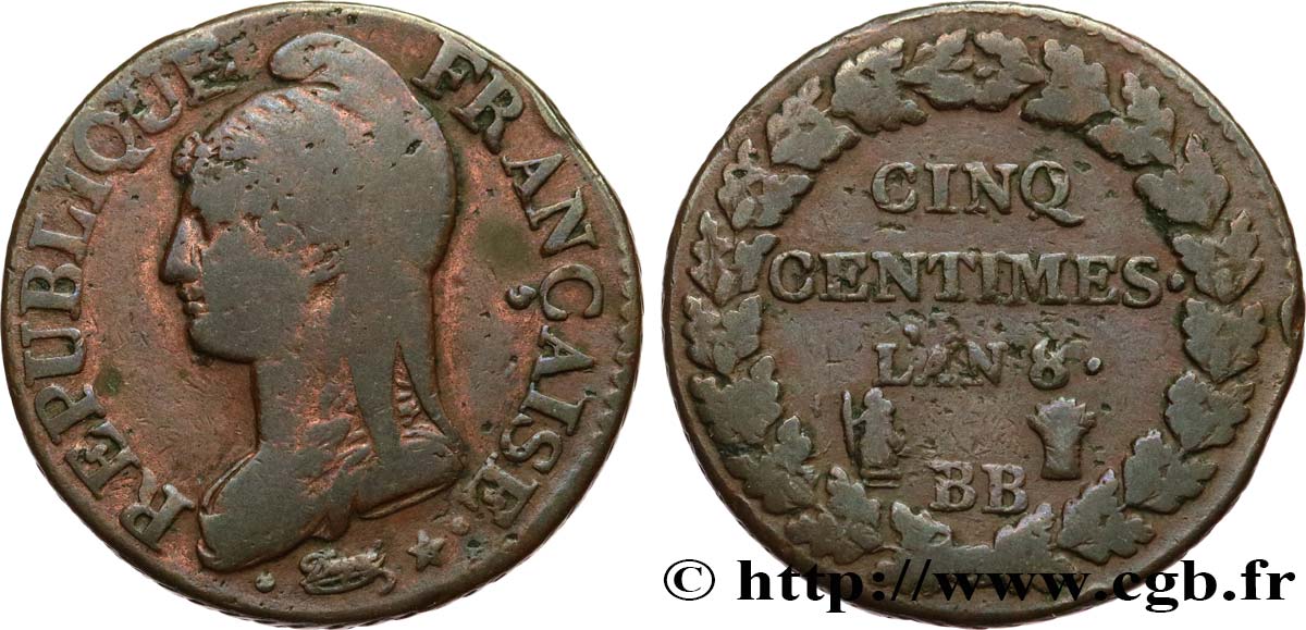 Cinq centimes Dupré, grand module 1800 Strasbourg F.115/117 VF25 