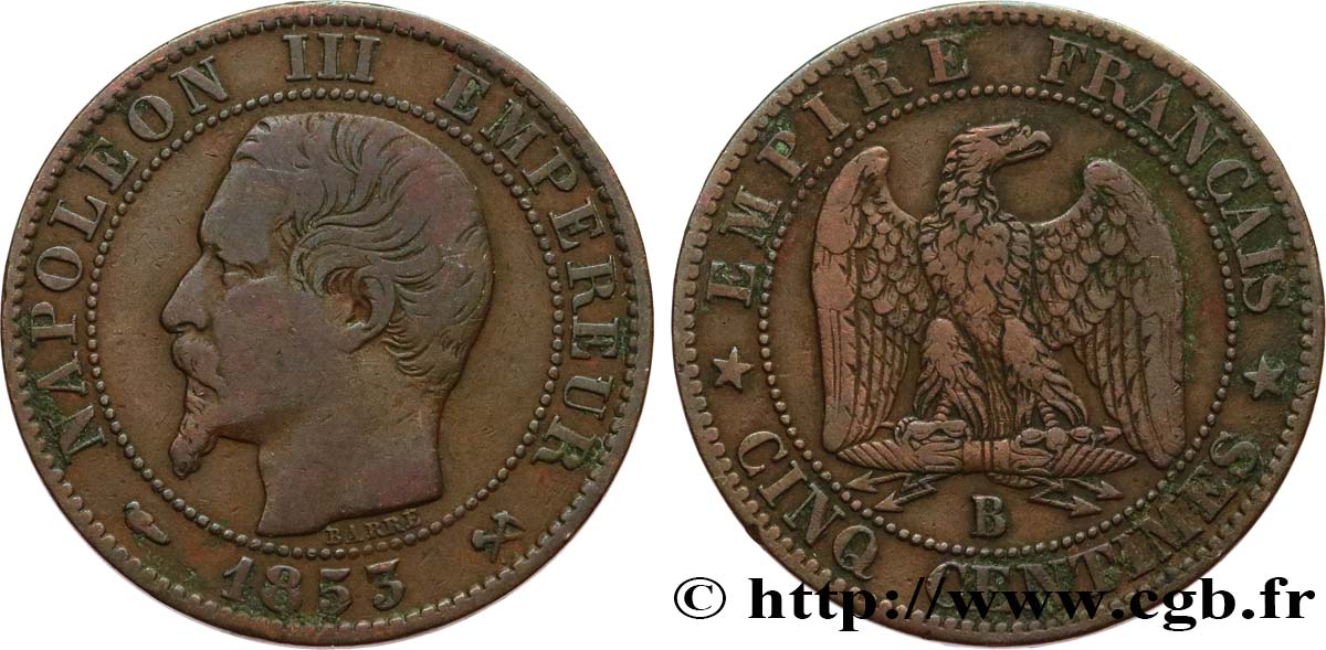 Cinq centimes Napoléon III, tête nue 1853 Rouen F.116/2 VF25 