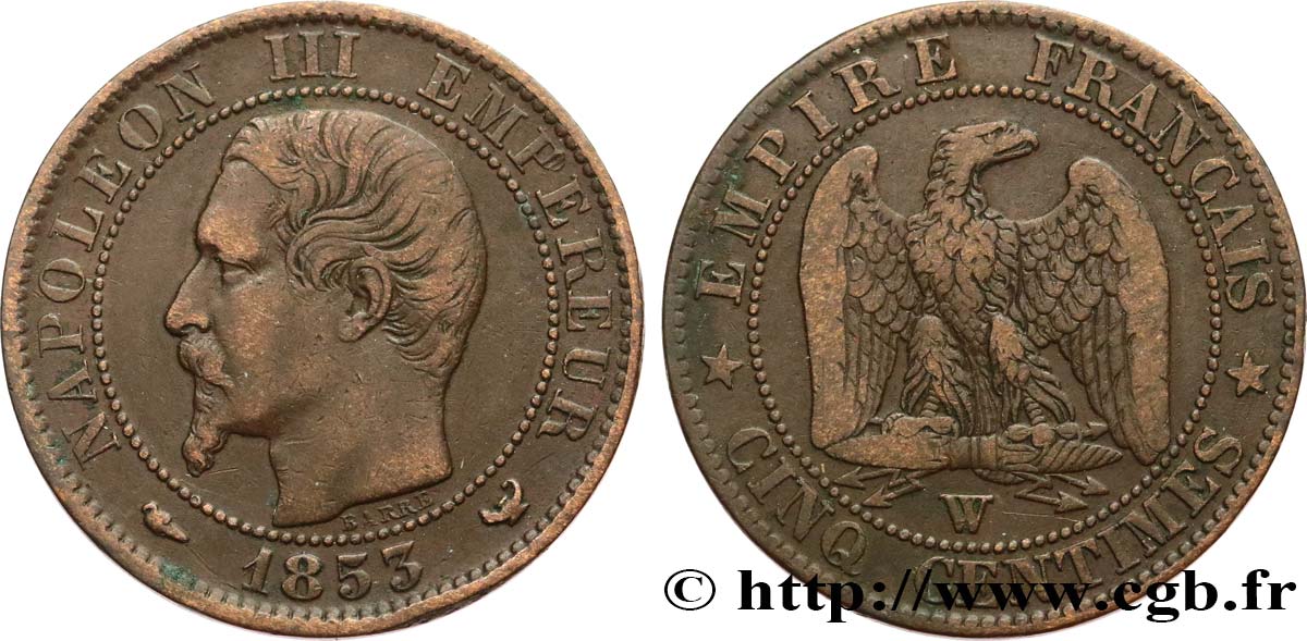 Cinq centimes Napoléon III, tête nue 1853 Lille F.116/7 VF25 
