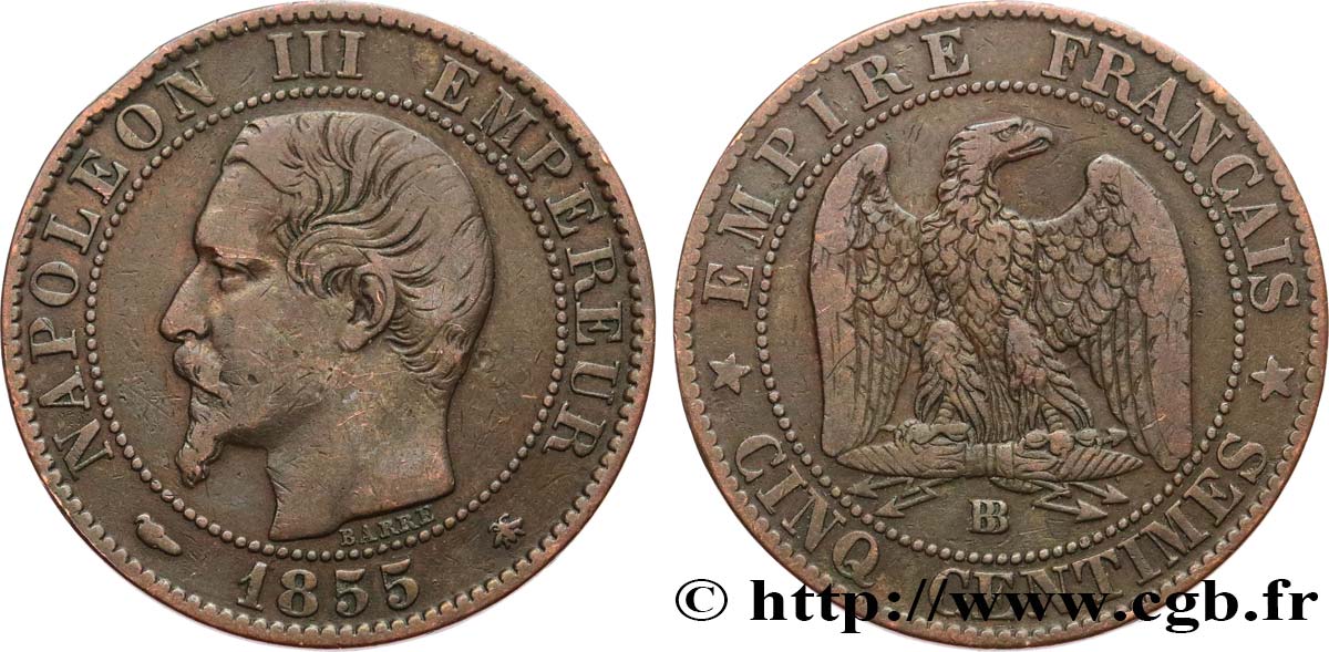 Cinq centimes Napoléon III, tête nue 1855 Strasbourg F.116/20 TB30 