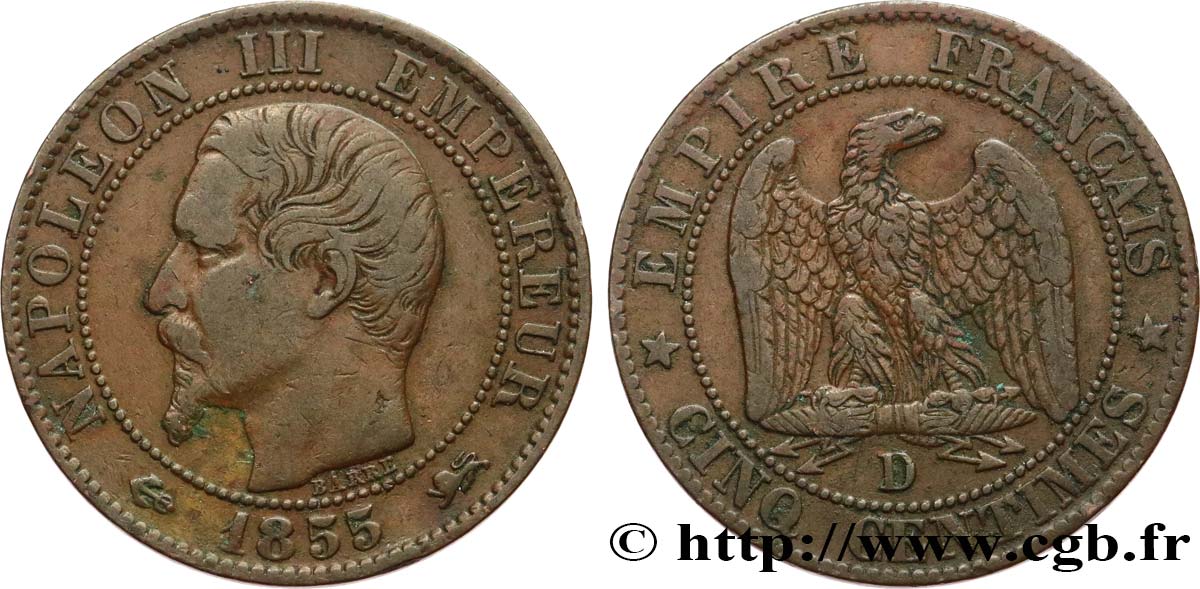 Cinq centimes Napoléon III, tête nue 1855 Lyon F.116/23 VF30 