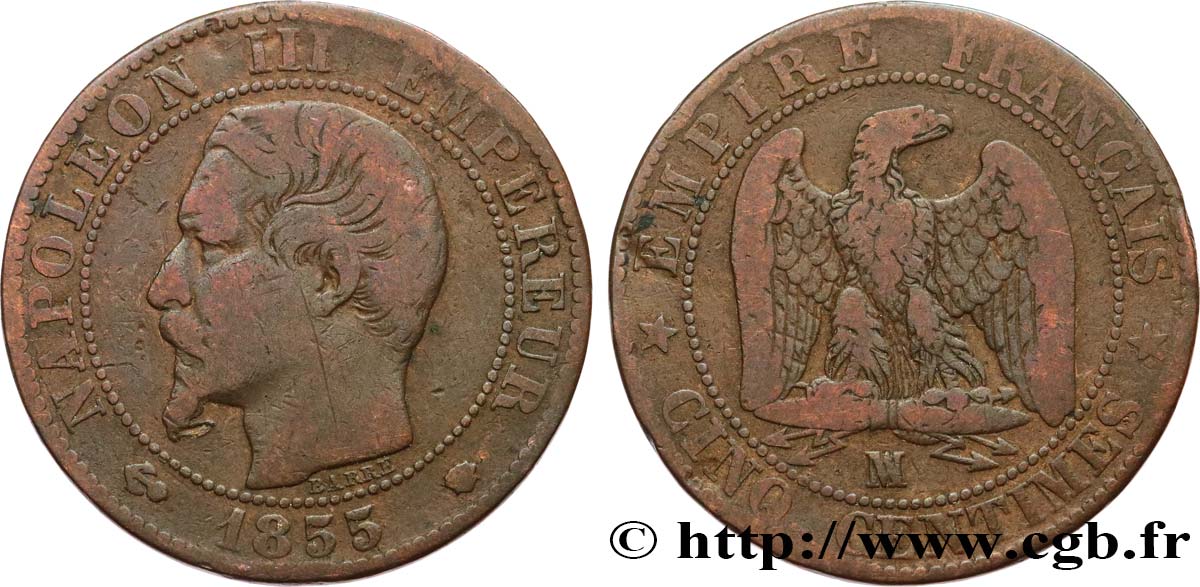 Cinq centimes Napoléon III, tête nue 1855 Marseille F.116/27 TB15 