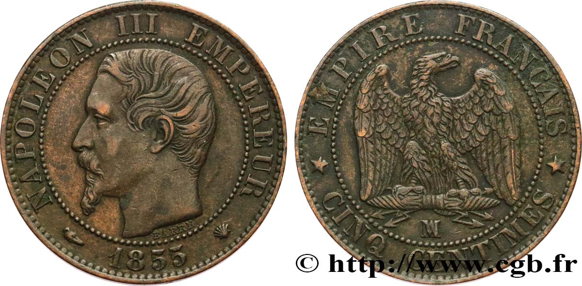 Cinq centimes Napoléon III, tête nue 1855 Marseille F.116/26 MBC45 