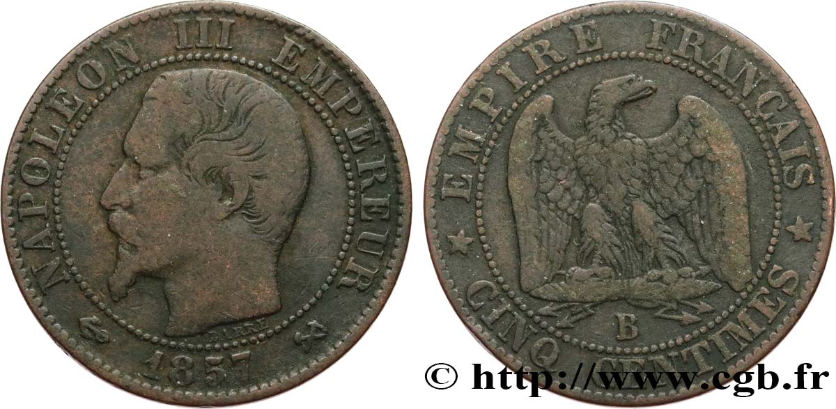 Cinq centimes Napoléon III, tête nue 1857 Rouen F.116/38 TB15 