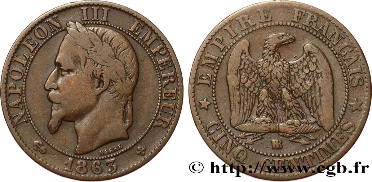 Cinq centimes Napoléon III, tête laurée 1863 Strasbourg F.117/11 TB20 