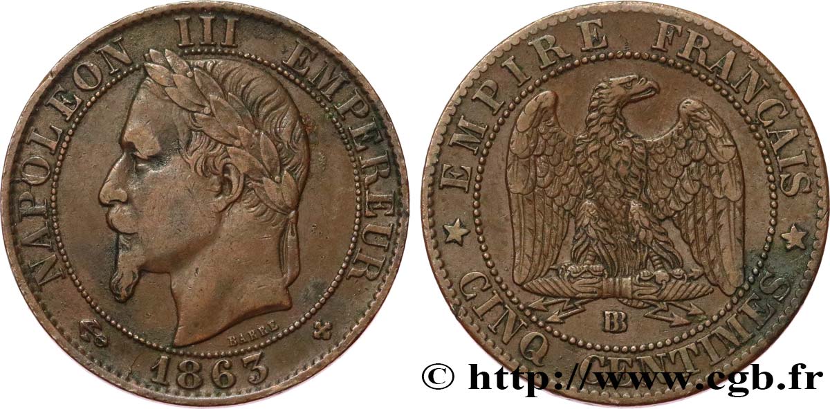 Cinq centimes Napoléon III, tête laurée 1863 Strasbourg F.117/11 TB35 