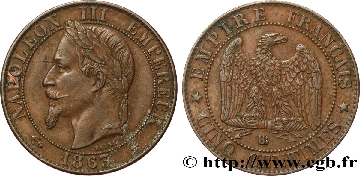 Cinq centimes Napoléon III, tête laurée 1863 Strasbourg F.117/11 XF 