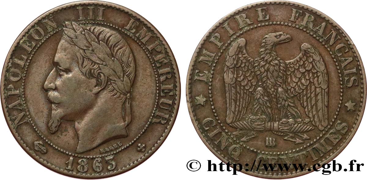 Cinq centimes Napoléon III, tête laurée 1863 Strasbourg F.117/11 SS40 