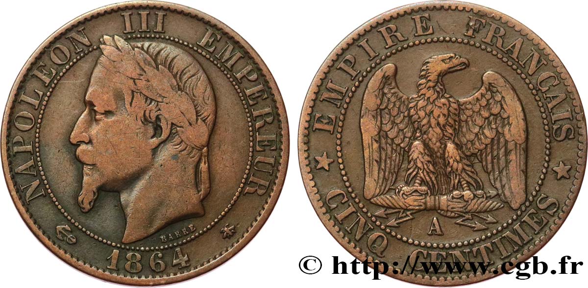 Cinq centimes Napoléon III, tête laurée 1864 Paris F.117/13 TB20 